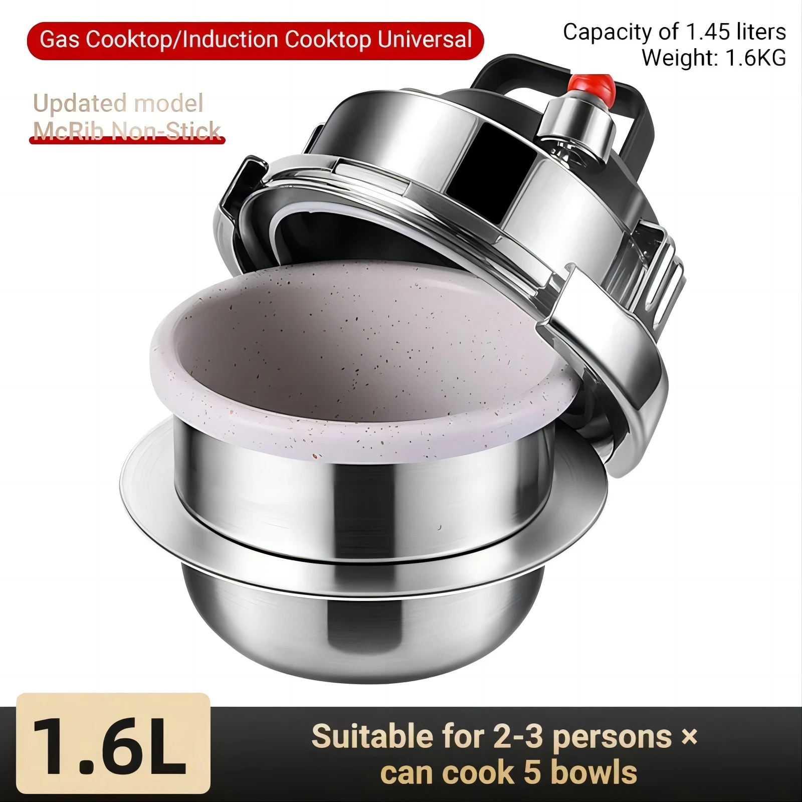 1.6L Non-stick Pressure Cooking Pot Stainless Steel Micro Pressure Cooker Outdoor Camping Household 5-minute Quick Cooking Pot