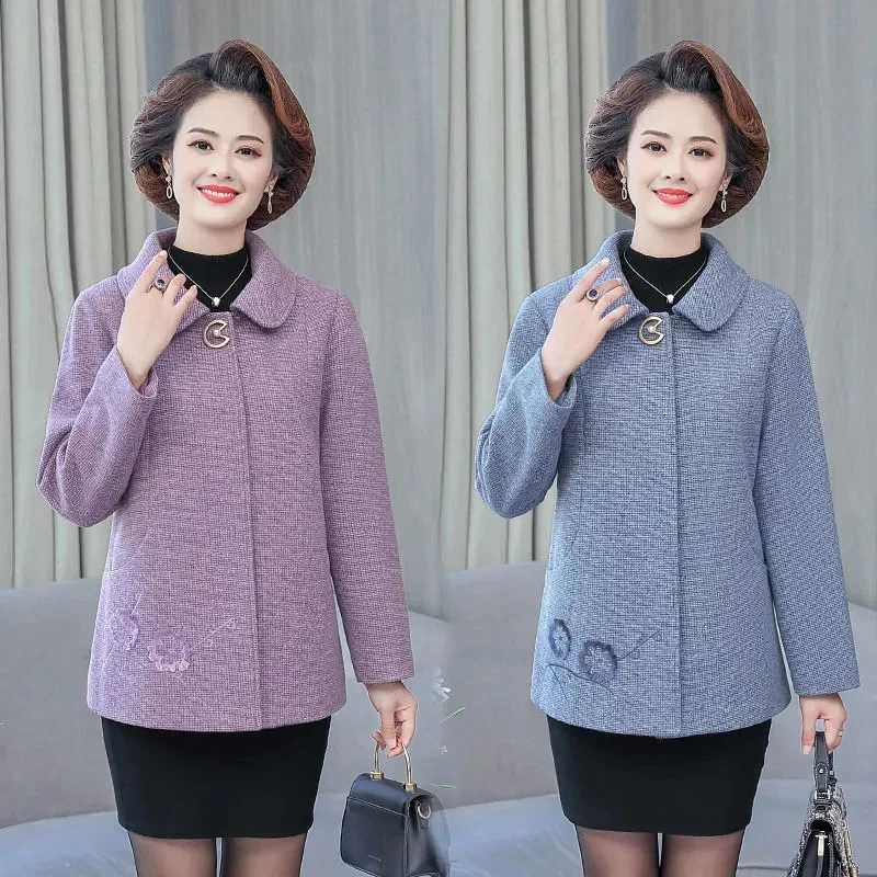 Autumn Ladies Embroidery Woollen Overcoat Middle Aged Mother Large Size 5XL Wool Blend Jacket Women New Long Sleeves Woolen Coat