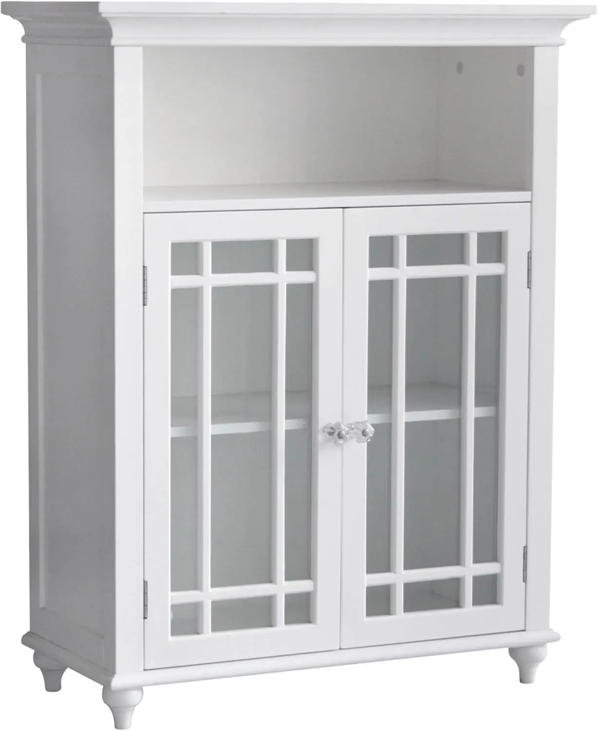 Neal Wooden Freestanding Floor Cabinet with 1 Adjustable Shelf 3 Storage Spaces 2 Glass Doors and 2 Clear Knobs