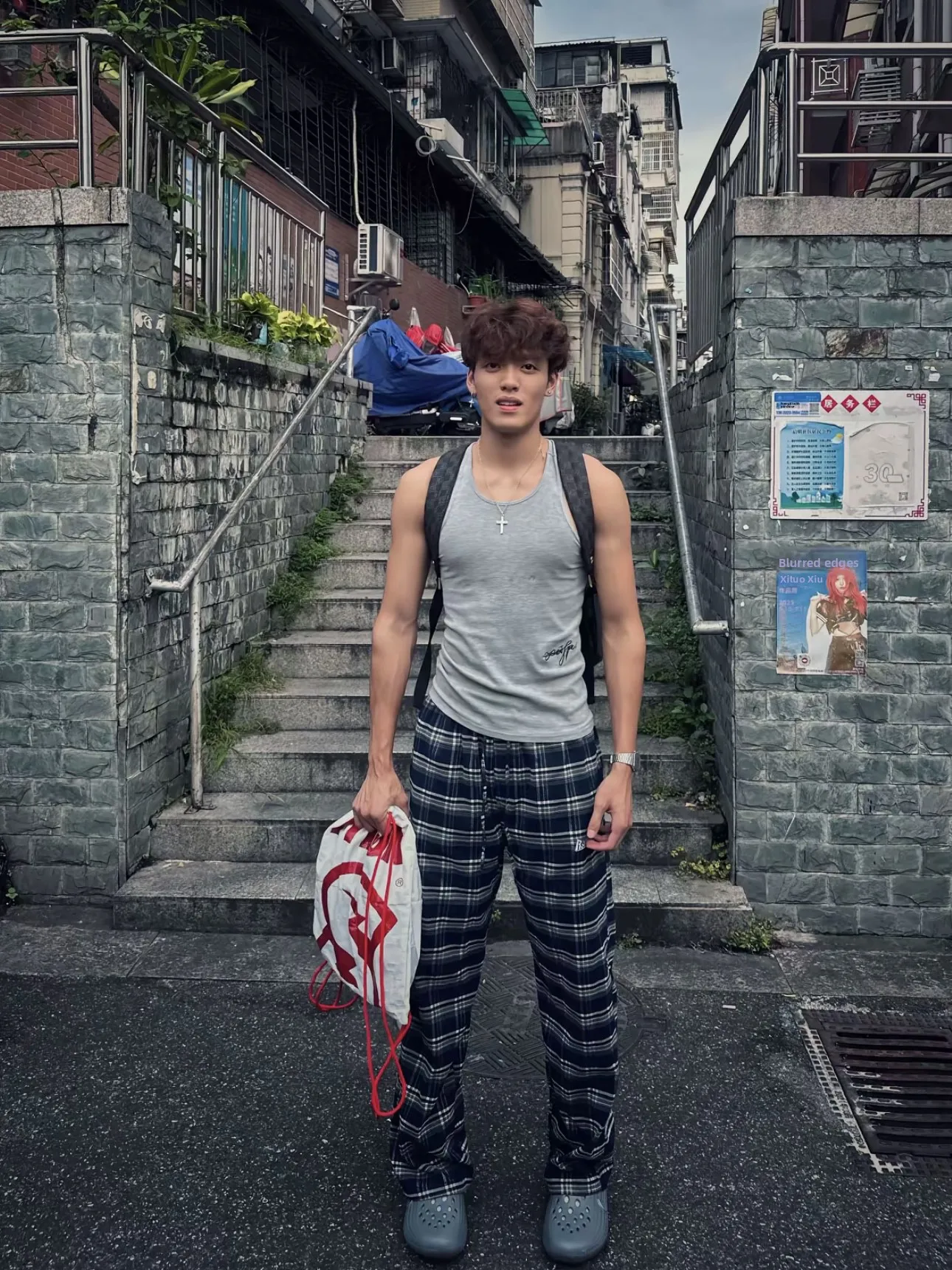 

American Retro Straight Leg Blue Plaid Wide Leg Casual Pants Men Loose Versatile Plaid Long Trousers Trendy Daily Wear