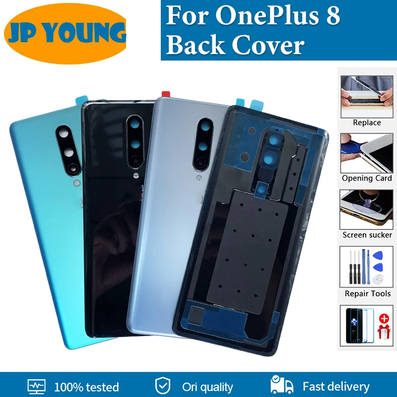 Original New For OnePlus 8 Glass Back Rear Door Housing Cover Replacement Battery Case Repair Parts With Camera Lens+Logo