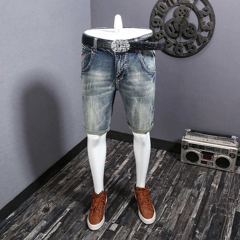 Denim Shorts for Men2024Summer New Thin-Style Blue Retro Nostalgic Straight Slim Fit Fashion Haulage Motor Fifth Pants