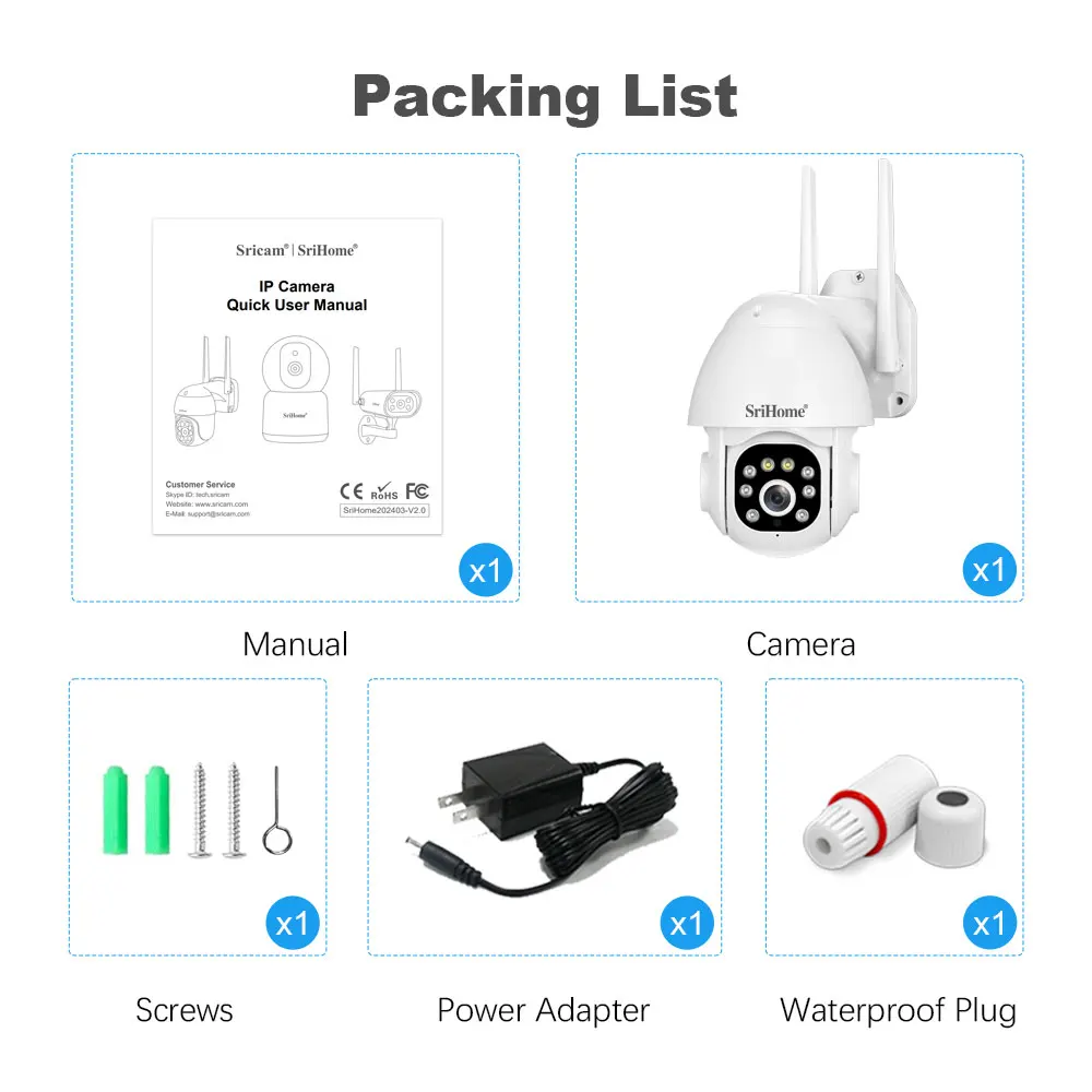 Srihome 3MP 3x digital zoom IP Camera 2.4G Wifi Waterproof AI Auto Tracking H.264 Video Surveillance Security IP Camera SH039B