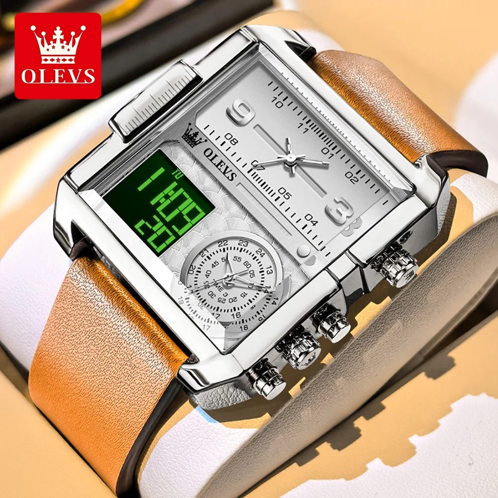 OLEVS 1101 Men's Watches Leather Strap Waterproof Electronic Dual Time Zone Alarm Square Quartz Man Wristwatch