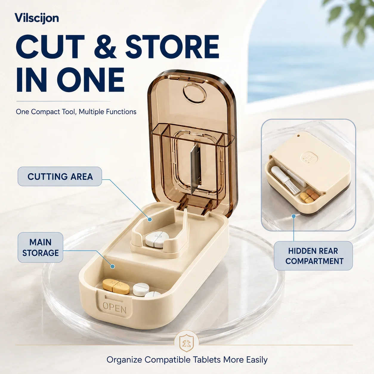 2-in-1 Portable Pill Cutter with Storage Box Stainless Steel Blade V-Shaped Holder Compact Travel Tablet Splitter for Adults Use