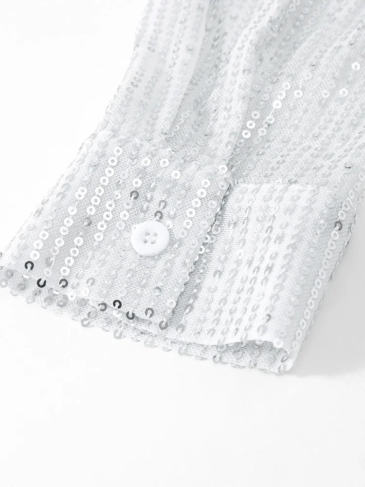 Модная однотонная блестящая блузка для женщин, шикарная женская рубашка с отложным воротником и длинными рукавами, элегантная однобортная женская свободная блузка