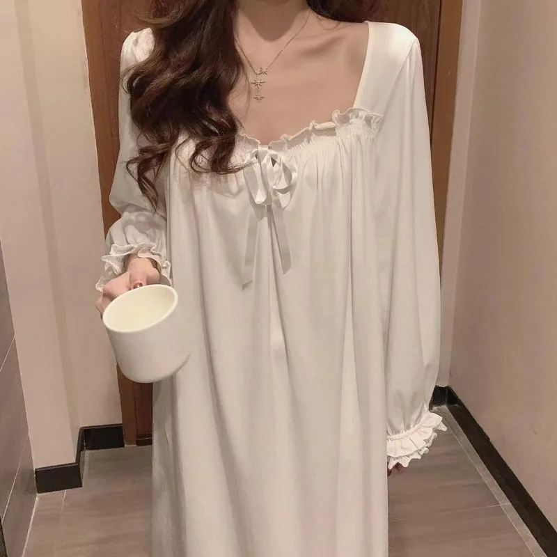 Nightgowns Women Long Style Korean Sweet Sleepwear Comfortable Solid Femme Spring New Loose Fashion Square Collar Casual Popular