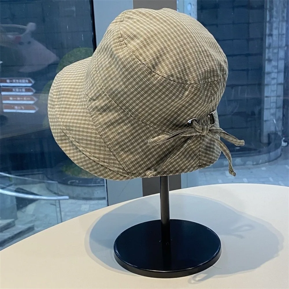 

Fashion Summer Plaid Bucket Cap Quick-dry Bow Plaid Sun Hat Foldable Curled Fisherman Caps Outdoor