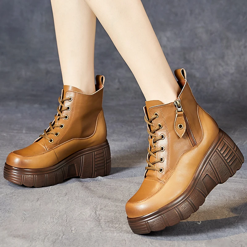 GKTINOO Ankle Women Boots Zip Winter 2024 New Women Shoes Genuine Leather Round Toe Handmade Retro Concise Platform Boots