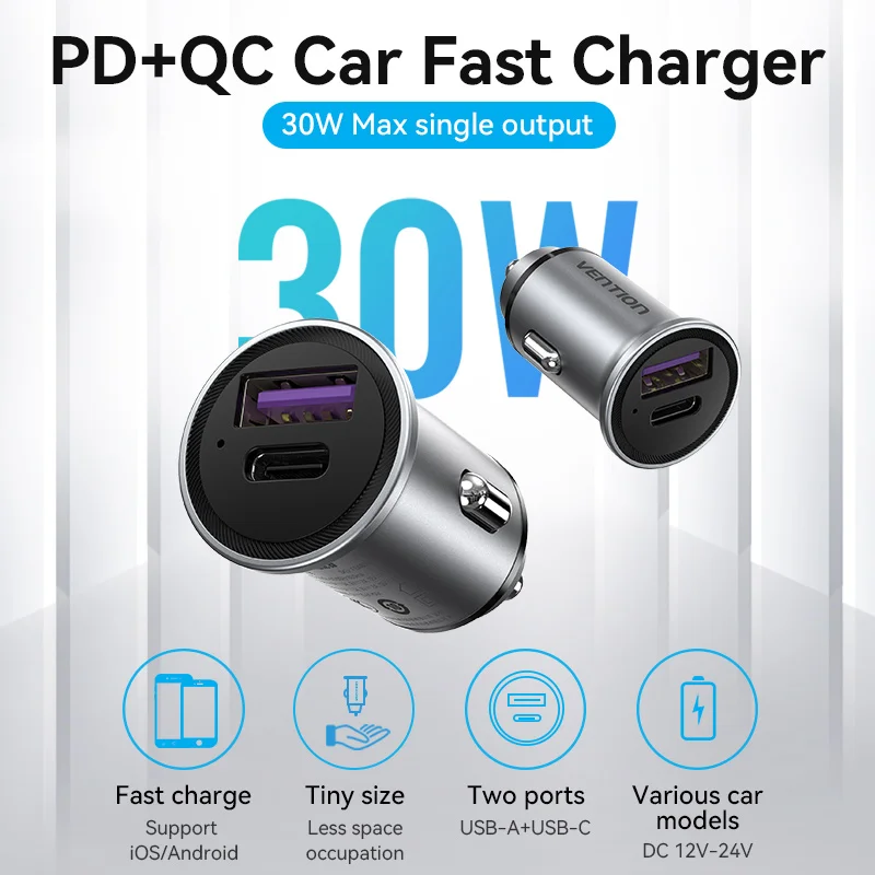 Vention Car Charger Quick Charge SCP QC4.0 QC3.0 USB Type C PD Car Fast Charging For Xiaomi Huawei iPhone Samsung Phone Charger