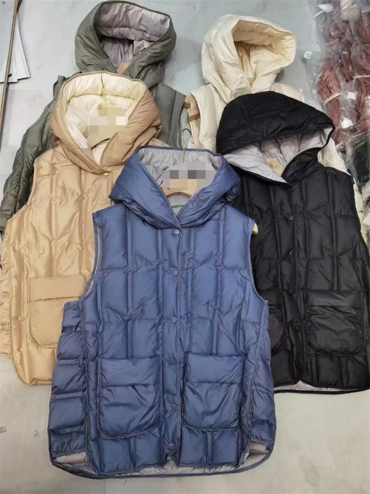 

Autumn Winter Warm Hooded Down Waistcoat Jacket Parkas Women Light Thin White Duck Down Vest Female Short Sleeveless Tank Coat