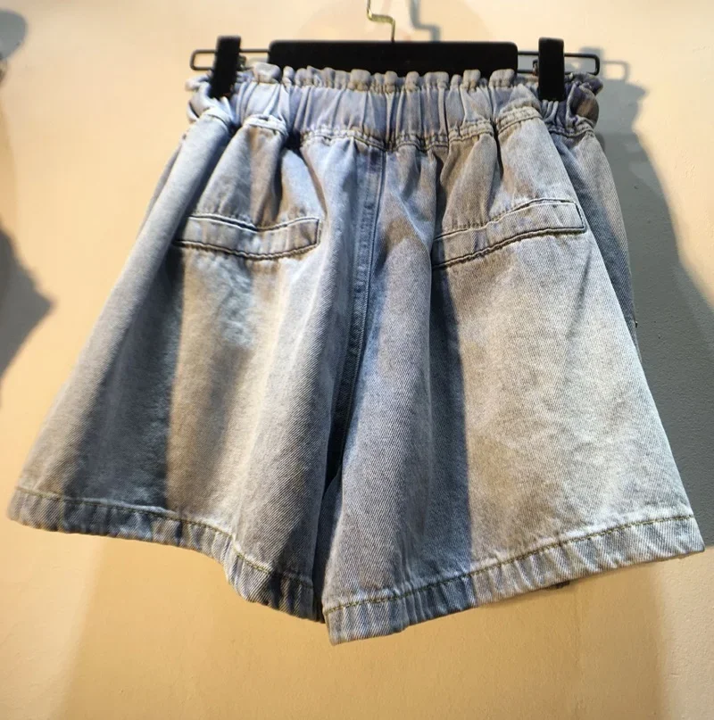 Imagem -06 - Strass Frisado Denim Shorts Feminino 2023 Novo Verão de Cintura Alta Emagrecimento Perna Larga Jean Shorts Moda Feminina Alta Rua Bottoms