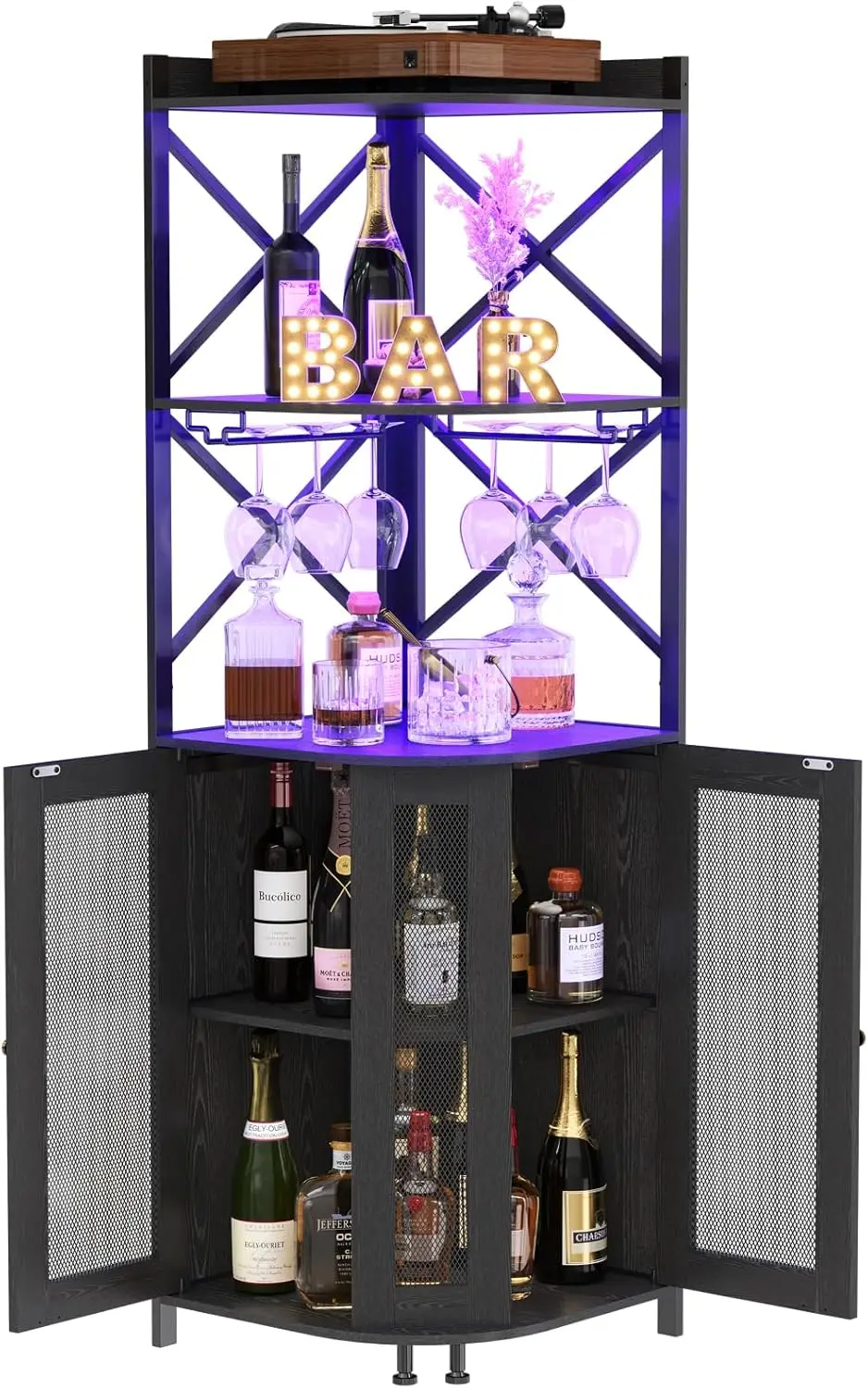 

Corner Bar Cabinet with LED Lights, 5-Tier Industrial Wine Bar Cabinet with Glass Holder, Farmhouse Liquor Cabinets with Shelf