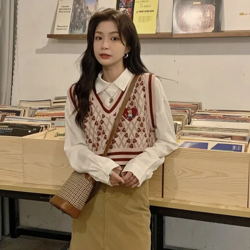 

Трикотаж, свитер, жилет, женская одежда, милый жилет с v-образным вырезом и вышивкой медведя, модные повседневные вязаные майки, укороченные топы, Ropa Mujer