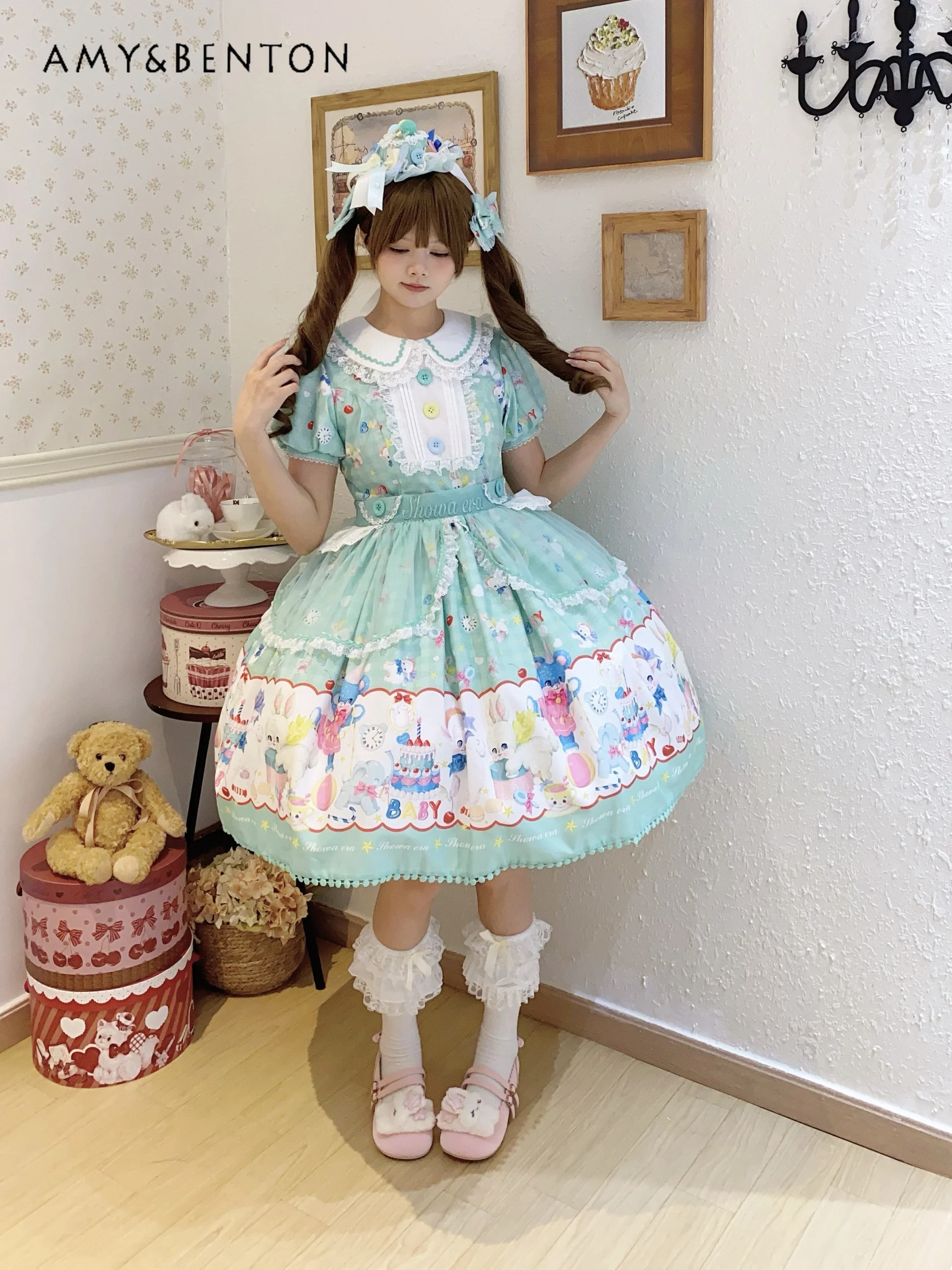 Cartoon Print Kawaii Lolita Kleid Geburtstagskleid für Frauen Mädchen Stil Spitze Puppenkragen Puffärmel Schlanke Puffy Abendkleider