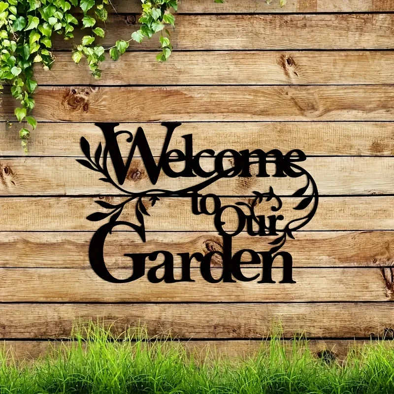 1pc acolhedor encantador metal bem-vindo ao nosso sinal de jardim decorativo parede pendurado para casa & ao ar livre placa de arte de parede de metal para ind