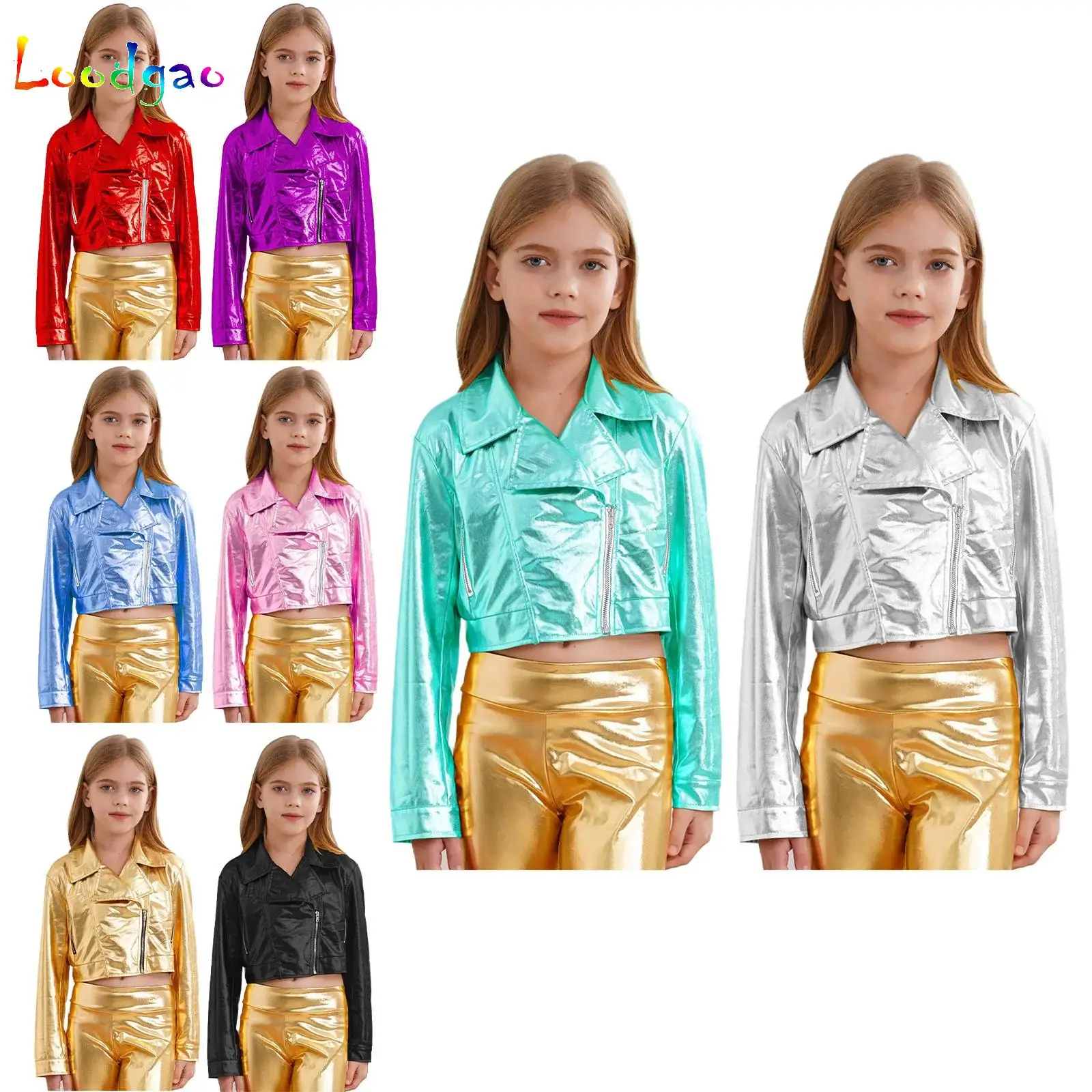

Kids Boys Girls Metallic Zipper Jacket Hip-Hop Jazz Dance Tops Turn-Down Collar Long Sleeve Outwear Motorcycle Coat Streetwear