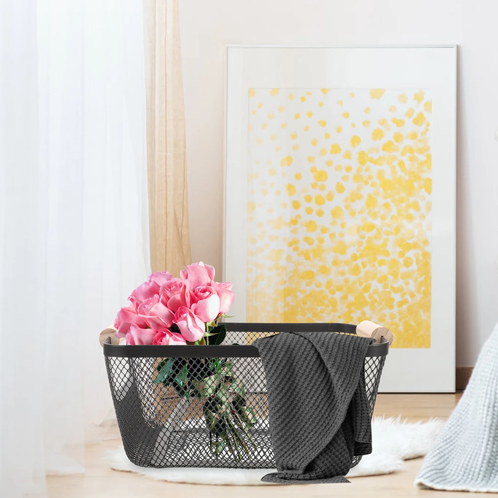 

Storage Basket Fruit Bin Iron Wooden Handle for Pantry Baskets Wrought with Handles Kitchen Farmhouse Cabinet Bins