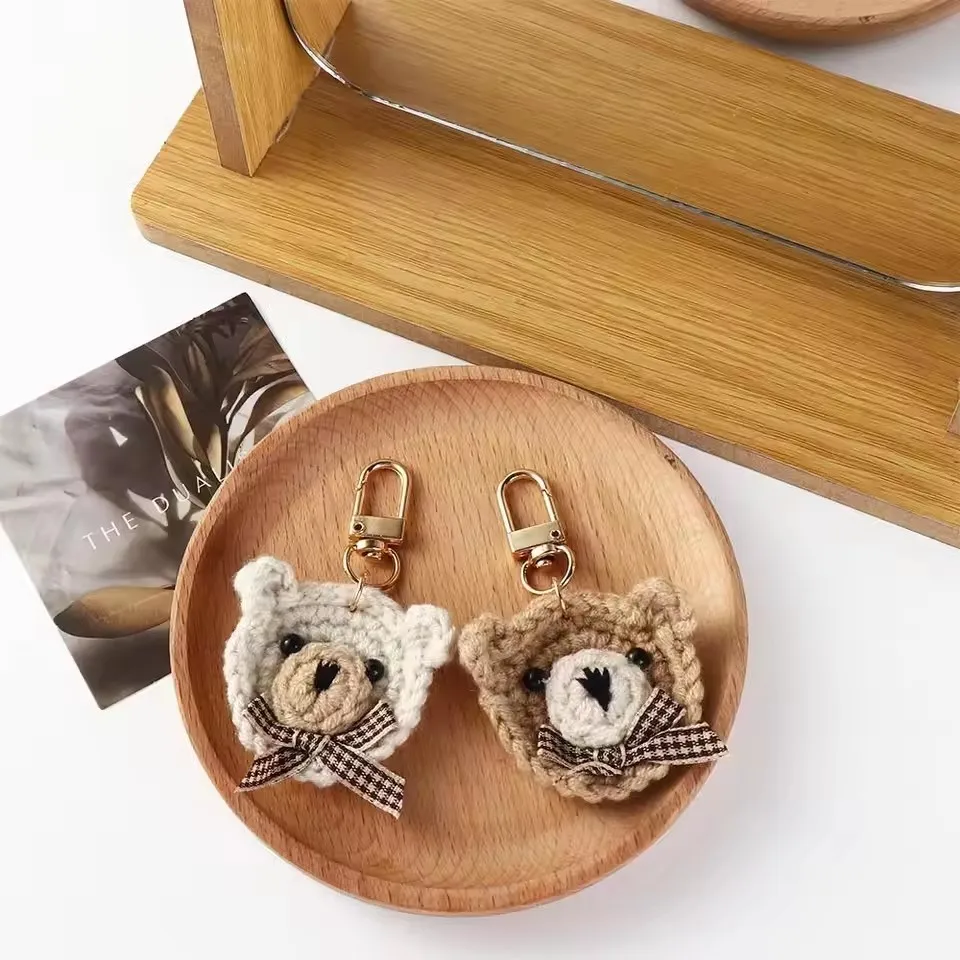 Cute Bear Woven Keychains Knitted Bowtie Animal Keyrings Handbag Pendant Accessorie Car Motorcycle Trinket Phone USB Drive Charm