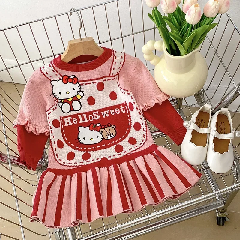 New Kids Dresses for Girls Cute Cartoon Hello Kitty Dress Toddler Girl Dot Red Pink Knitted Dress Princess Birthday Party Dress