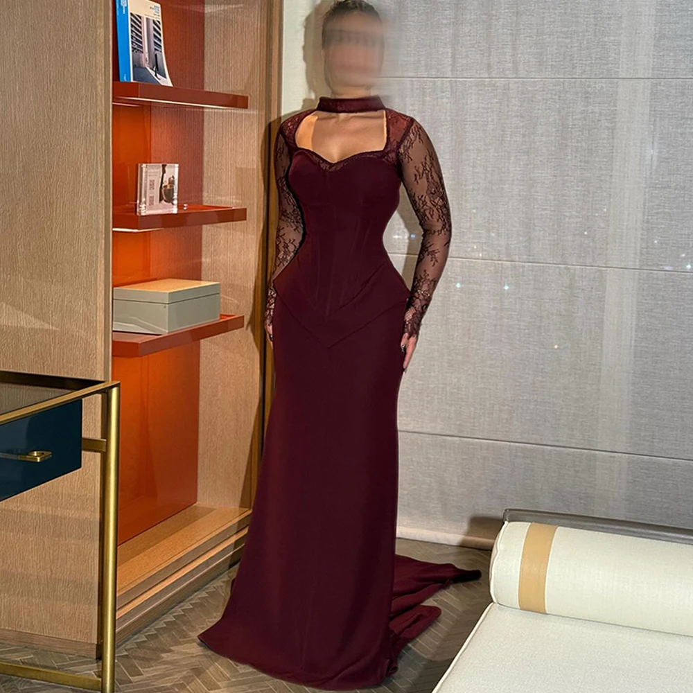 

Модное вечернее платье из джерси на шнуровке сзади, нежные платья для выпускного вечера с длинными рукавами, роскошные свадебные платья русалки со шлейфом по индивидуальному заказу