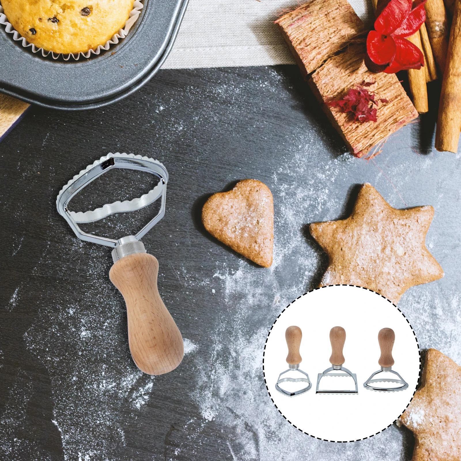 

3Pcs Cookie Cutting Tools Set With Wooden Handle For Baking Dumplings And Pasta