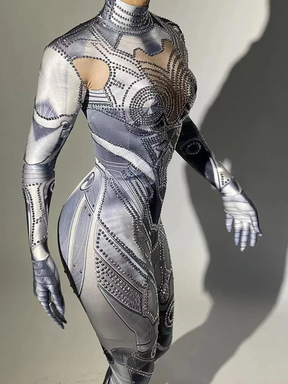 Future Iron Kokor Cosplay Costume pour femme, Halloween, ixde carnaval, Rotterdam Kly Silver bal inestones Jumpsuit, Gangtie Gloves