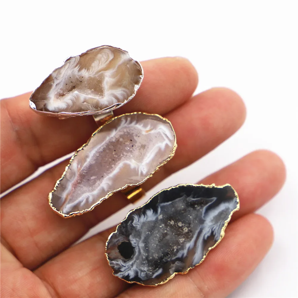 Natural Stone Agates Druzy Ring Slice Handmade Electroplated Silver Goldtone Plated Free Form From Brazil Natural Stone Style