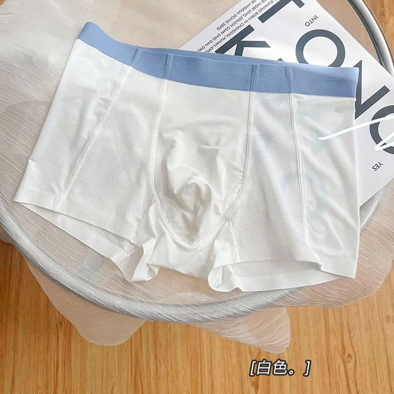 

Men's Underwear Ultra-Thin Ice Silk Mesh Patchwork Breathable Seamless Boxer Shorts Youth Mid Waist U Convex Pouch Comfy Trunks