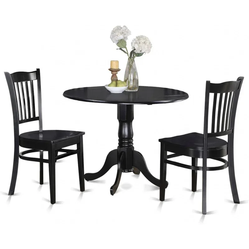 Dublin 3 Piece Set for Small Spaces Contains a Round Dining Room Table with Dropleaf and 2 Wood Seat Chairs, 42x42 Inch, Black