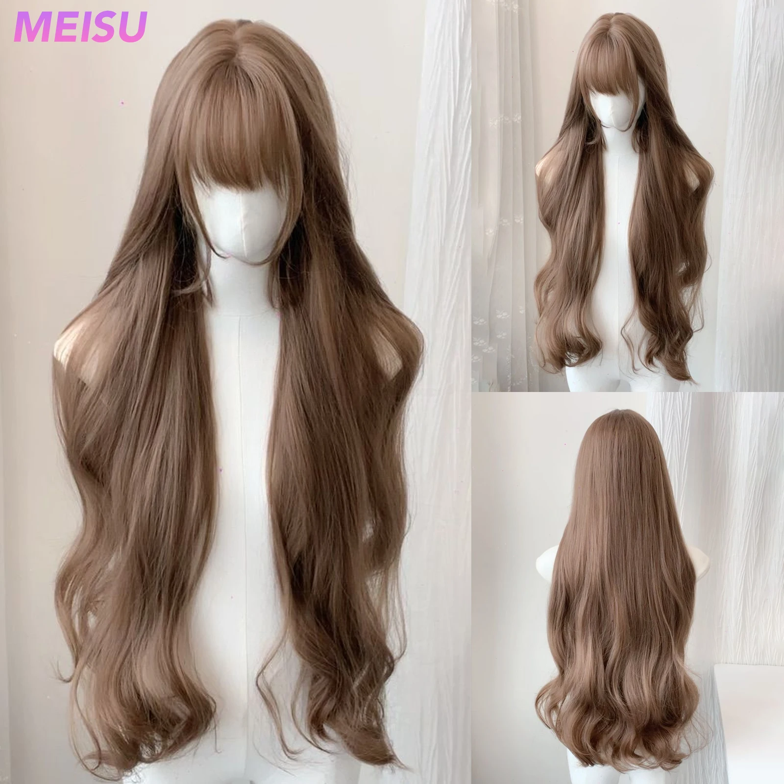 MEISU 32 Inch Long Wave Bangs Wig Synthetic Fiber Layered Hair Heat-Resistant Natural Smooth Extend Hair Selfie Party