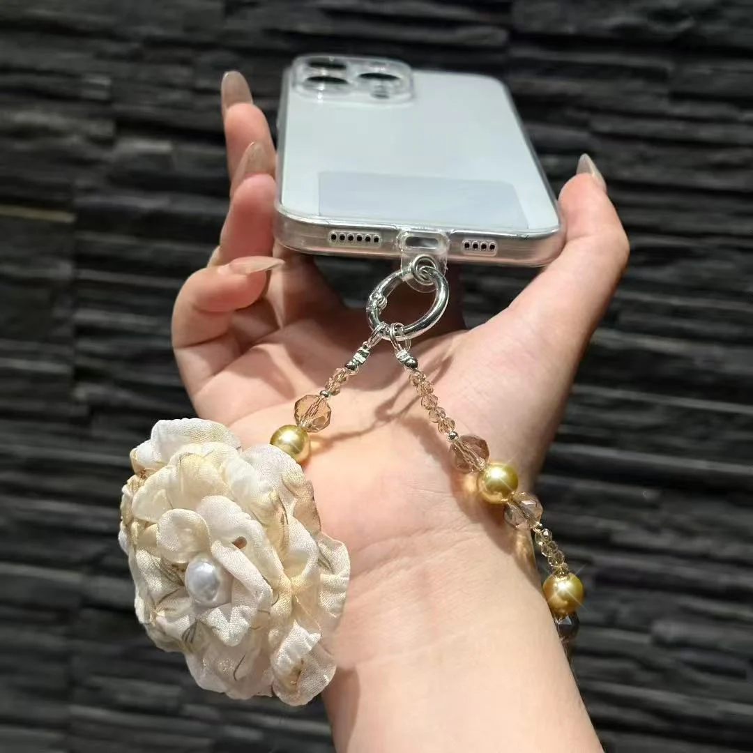 Роскошный ремешок для телефона с жемчугом и камелией, цепочка с цветком из бисера, ремешок с защитой от потери, чехол для мобильного телефона, аксессуары, брелки для женщин