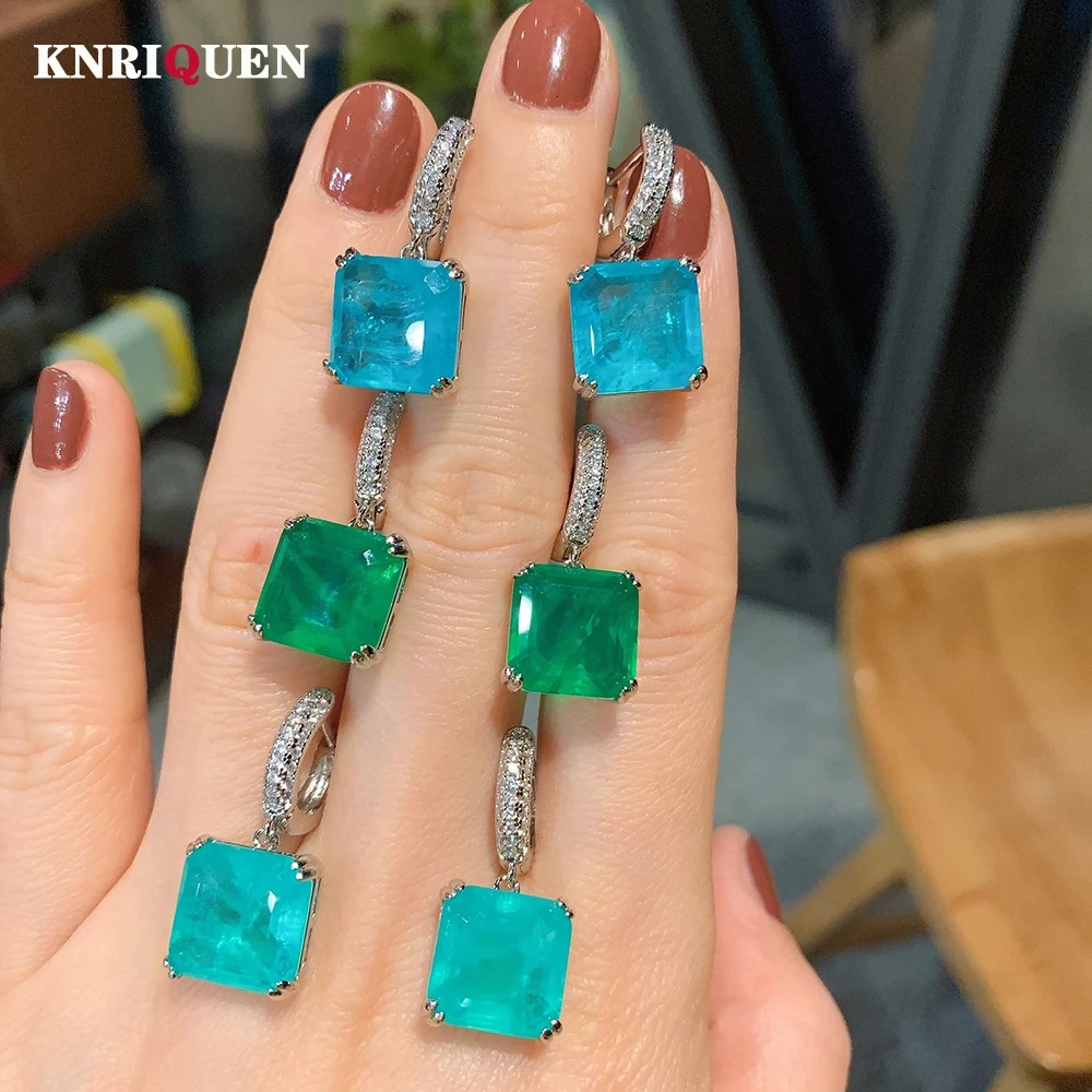 KNRIQUEN Vintage 12*12 Paraiba turmalin szmaragdowy kamień spadek klipsy kolczyki dla kobiet imprezowa, koktajlowa piękna biżuteria kobieta prezent