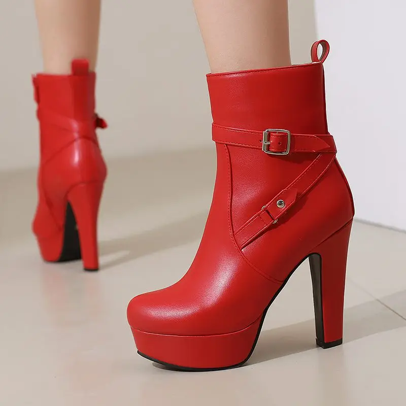 

ORCHALISA New shoes Women's Ankle Boots Round Toe 12cm Thin Heel 3cm Platform Zipper Red/Black Large Size 48-50 Sexy Party Shoes