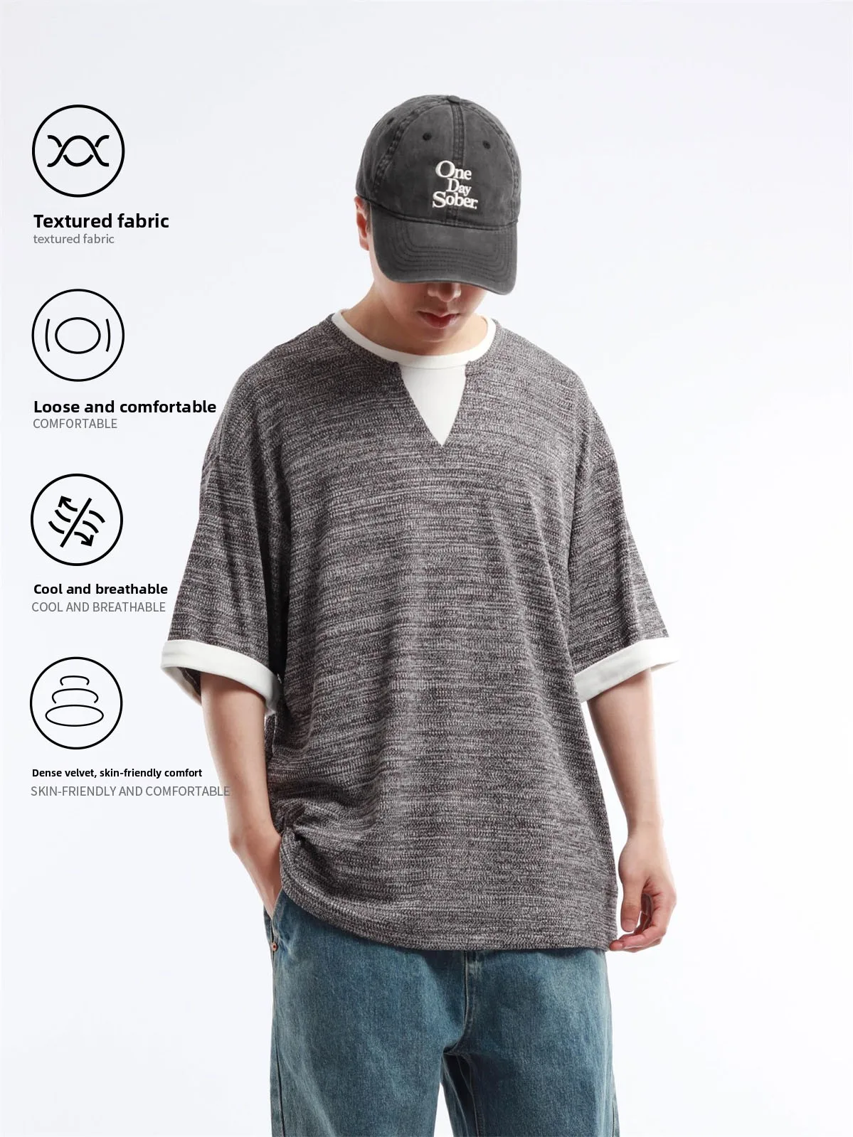 Original Pure Color Fake Two-Piece CleanFit Shoulder Insert Short Sleeve round Neck T-Shirt Summer 2026 Youth Fashion Breathable