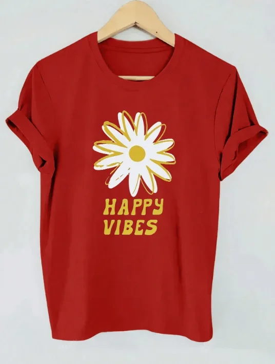 2026 Women Summer Vacation Casual T-Shirt, Floral Petal & Cartoon Letter Graphic Print Tee, Round Neck Short Sleeve Basic Tops, Ideal For Daily Commute And Beach Holiday Outfit