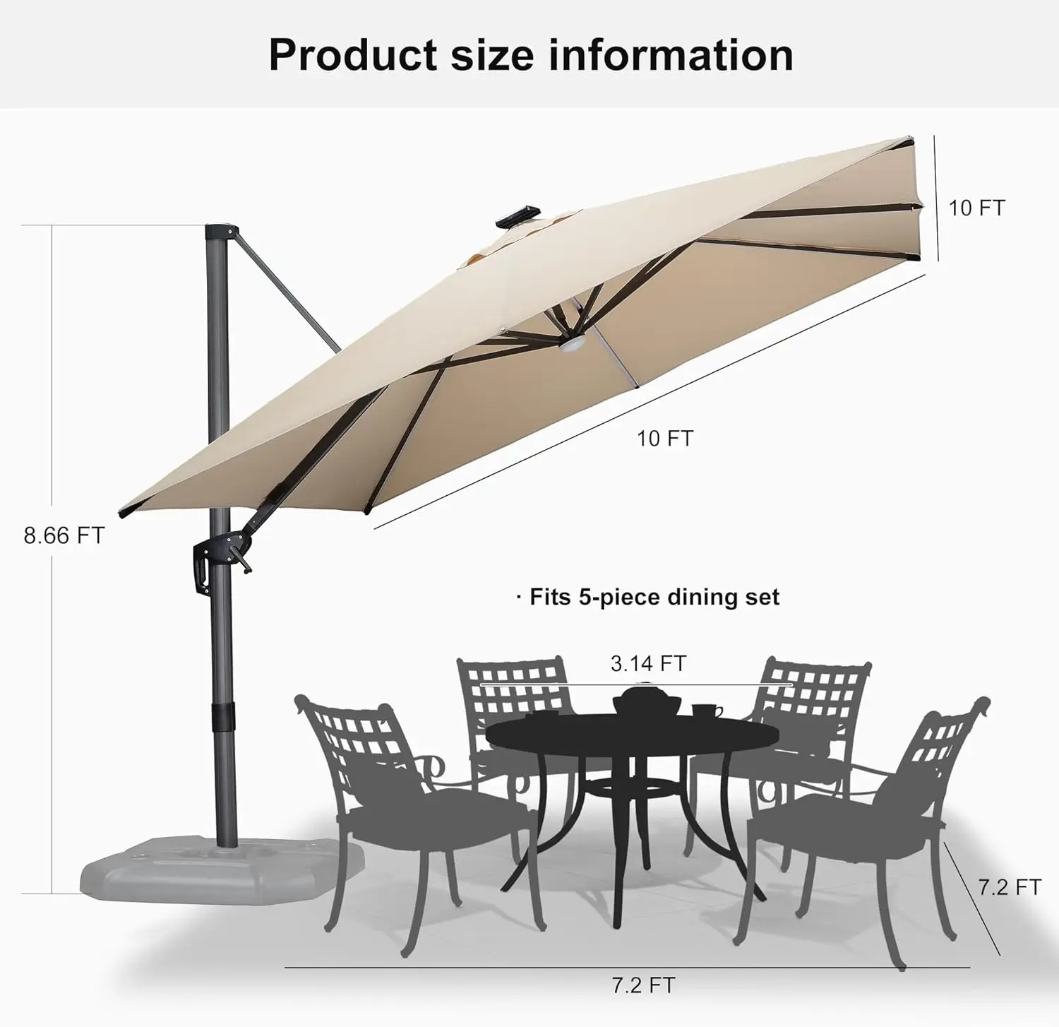 Guarda-chuva de pátio de 10 pés ao ar livre cantilever movido a energia solar LED guarda-chuva quadrado guarda-chuva offset de alumínio com rotação de 360 graus