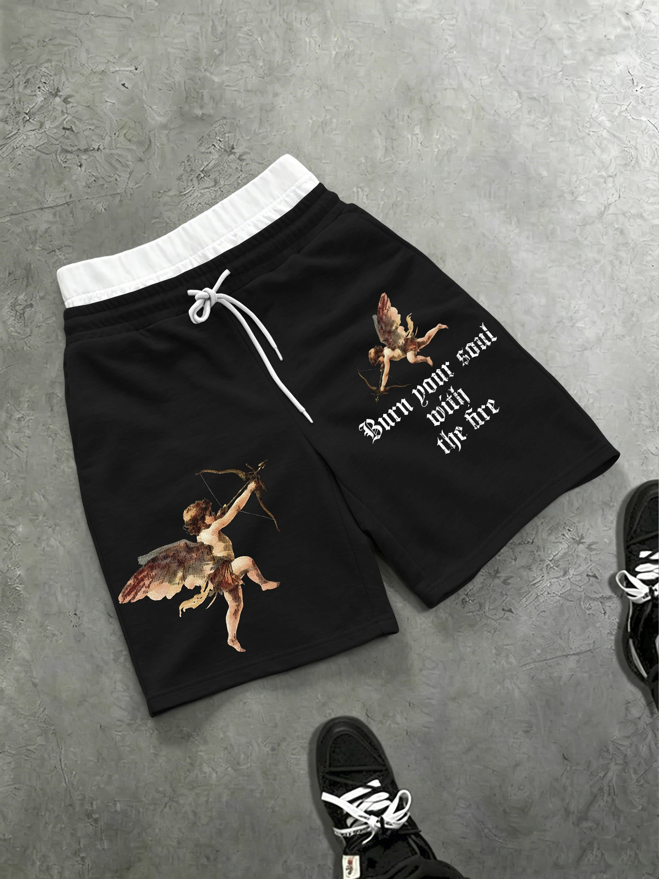 Men's Loose Streetwear Contrast Waist Retro Cherub Angel Print Drawstring Shorts Polyester Multi Color S-2XL All Size 1Pc