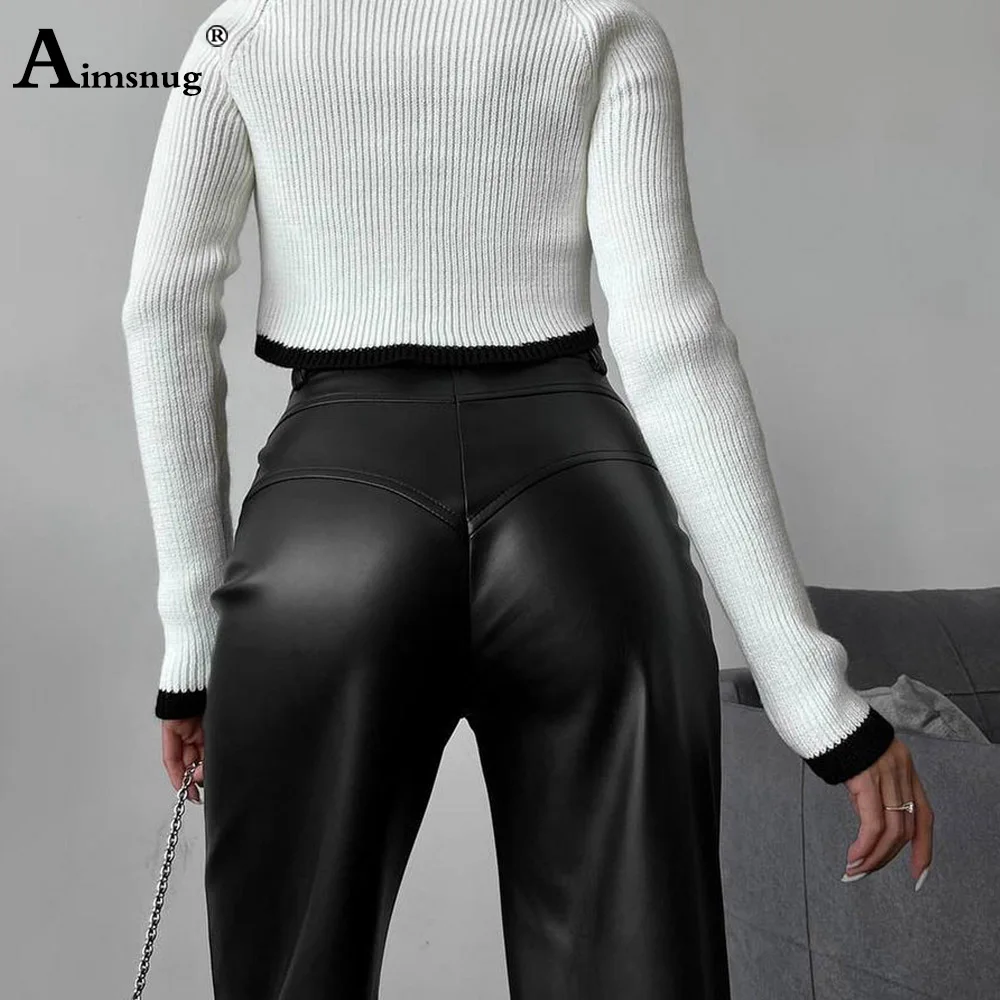 Women High Cut Fashion PU Leather Straight Pants 2025 American And Europe Sexy Bottons Fly Legging Lady Faux Leather Outfits New