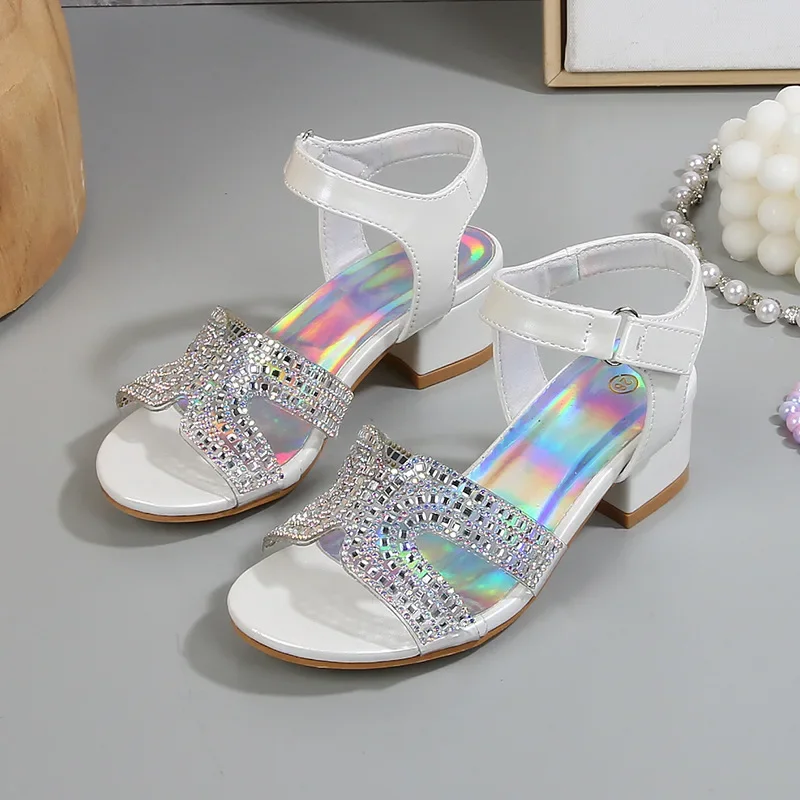 

Fashion Rhinestone Girls' Sandals 2025 Summer New Children's High Heels Soft Sole Girl Princess Shoes Size 28-36