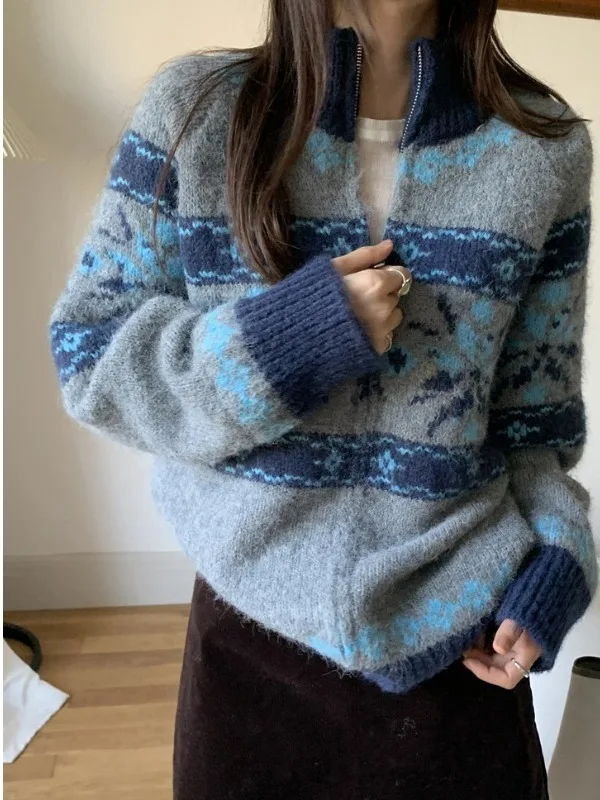 

Retro Color Blo Snowflake Embroidery Zipper Knitted Sweater Jaet Women's Loose Versatile Lazy Sle Warm Cardigan