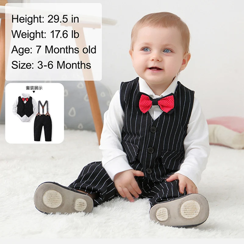 Baby Boy Formal Suits Gentleman Tuxedo Bowtie Romper Suit Vest Pants 4 Pcs Toddler Clothes Outfit Wedding Birthday Party Dress