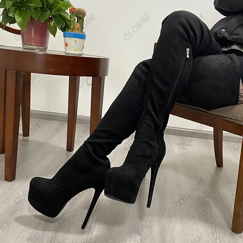 Olomm 2022 Handmade Women Platform Thigh High Boots Unisex Stiletto Heels Round Toe Elegant Black Cosplay Shoes US Size 5-20