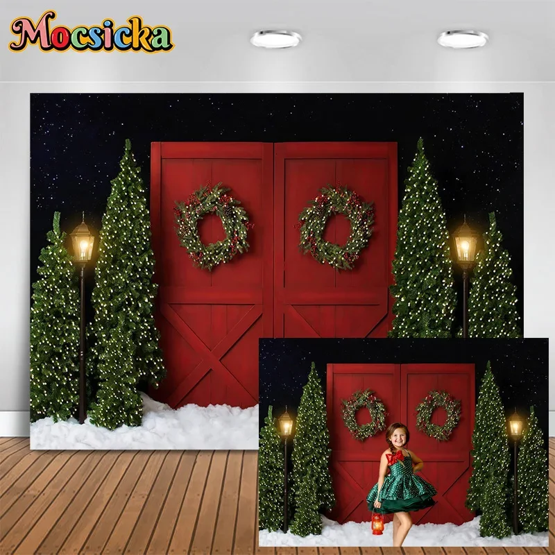 

Photography Background Merry Christmas New Year's Eve Xmas Tree Red Wooden Door Decor Backdrop Family Portrait Cake Smash Studio