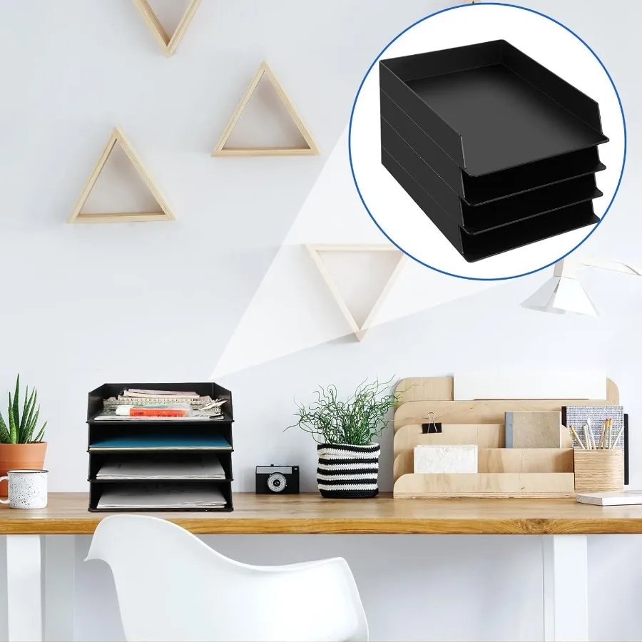 Bandejas de papel plásticas retangulares empilháveis, 4 unidades, para organização de mesa de escritório e sala de aula, solução ideal de armazenamento de arquivos de documentos