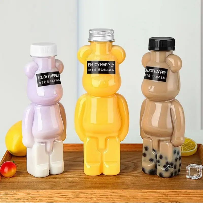 Disposable PET 500ml Cute Bear Design Milk Tea Bottle Transparent Juice Bottle Cartoon Bear Portable Juice Yogurt Bottle