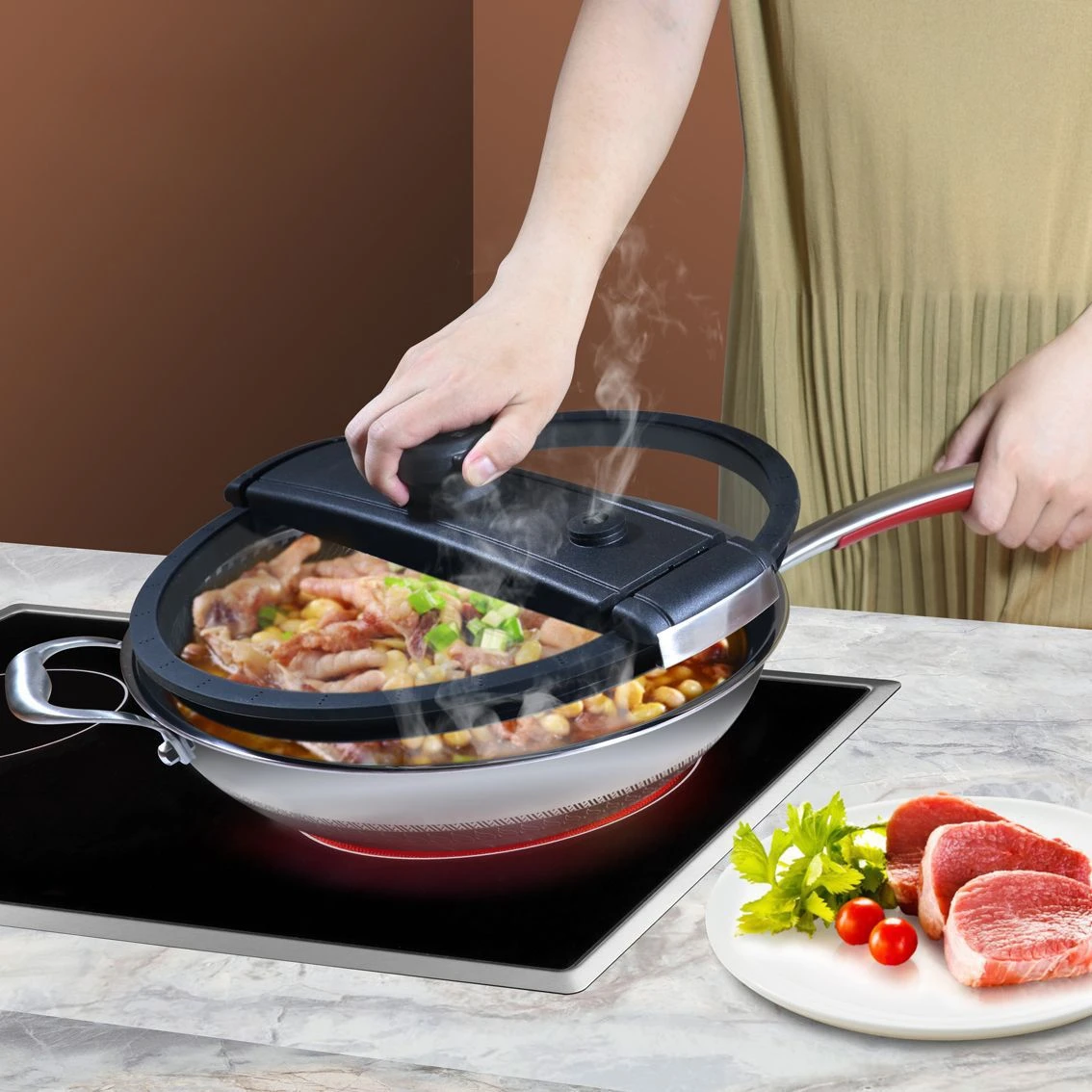 304 Stainless Steel Multifunctional Household Non Stick Pot With Slight Pressure Creative Cooking Gift wok Cast Iron Cookware