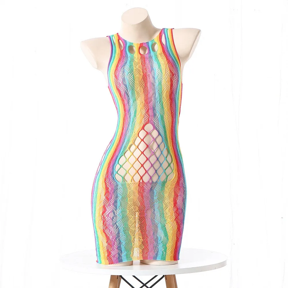 

Sexy Rainbow Beach Dress Bikini Cover Up Fishnet Hollow Out Mesh Dress Woman Swimsuit See Through Neon Color Swimwear Party