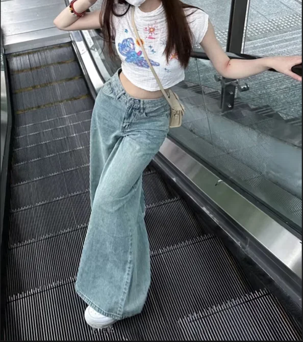 Vaqueros Y2K 2025, estilo americano, vaqueros de pierna ancha lavados de cintura alta a la moda para mujer, Vaqueros holgados azules de mezclilla Retro populares coreanos