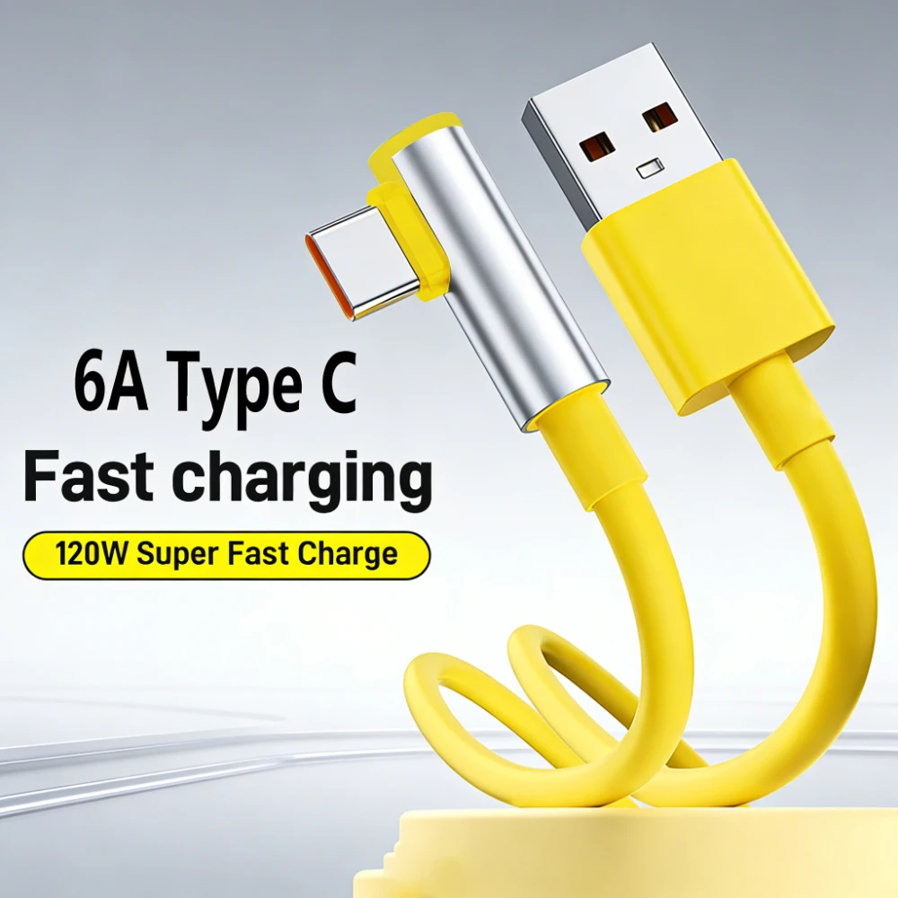 6A 90 Degree Elbow Type C Cable 120W Super Fast Charging Phone Charger Data Cord For Samsung Xiaomi Redmi PD Quick Charge Cable